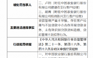 农业银行杭州分行被罚170万元：因贷款管理严重不审慎 存在客户经理与不法贷款中介合作开展贷款业务等行为