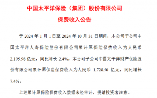 中国太保：前10月太保寿险原保险保费收入2195.98亿元，同比增长2.4%