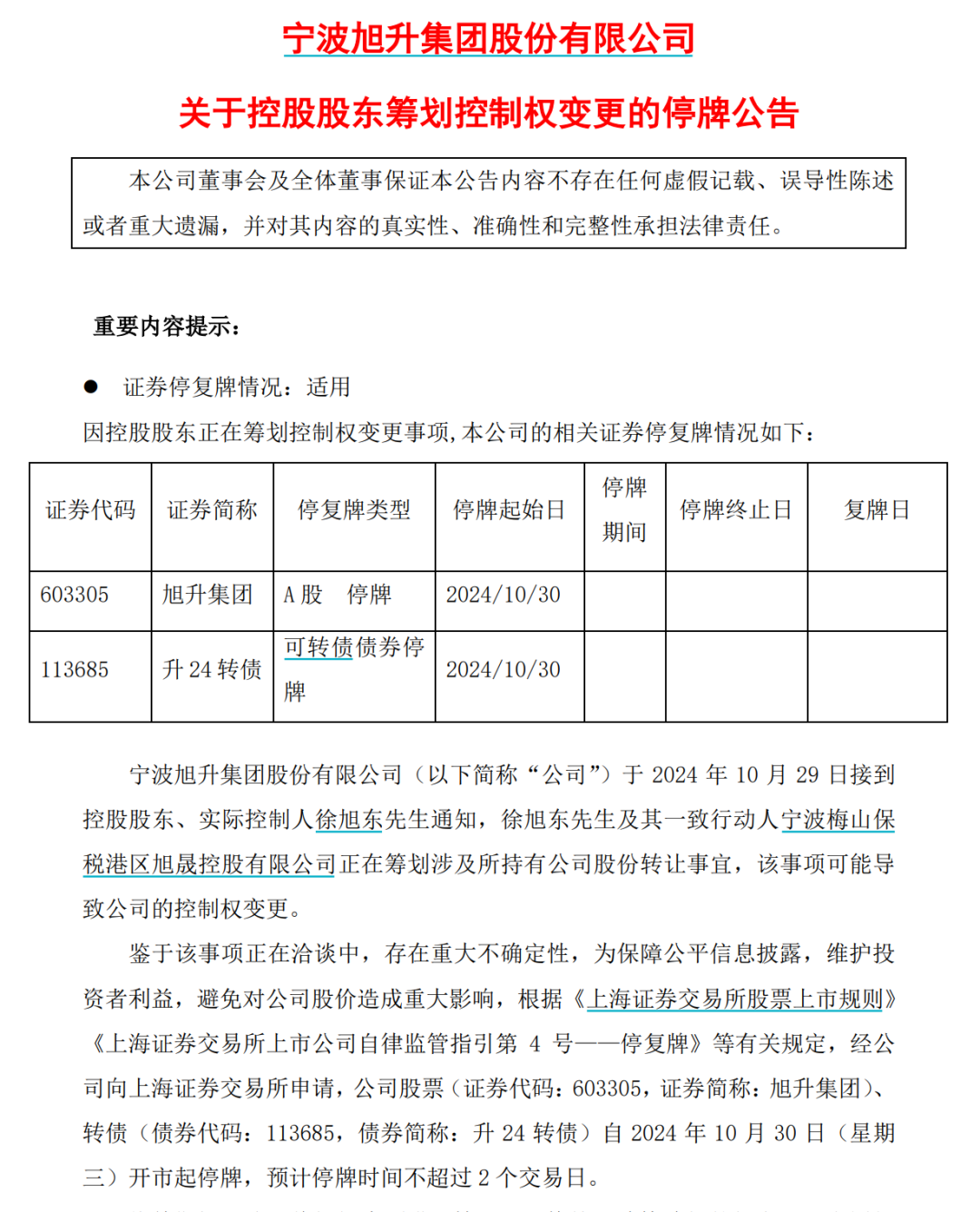 旭升集团停牌筹划公司股份转让，或导致控制权变更